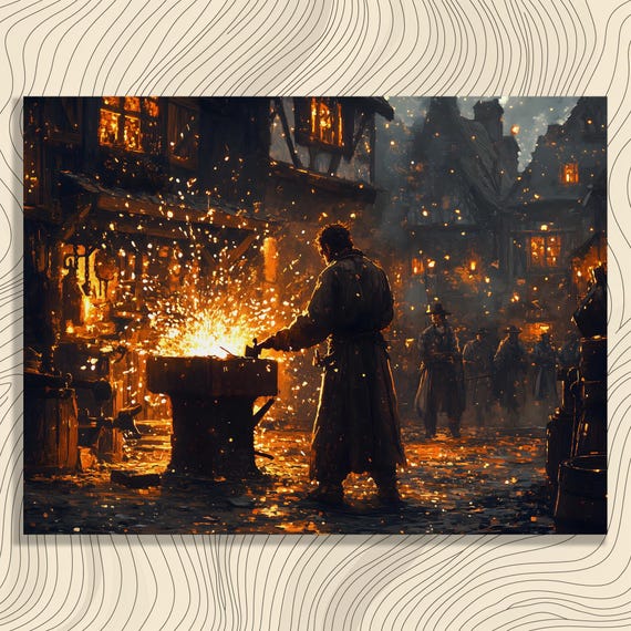 Dramatic Medieval Blacksmith Canvas Wall Art Glowing Forge Sparks And Moonlit Village Night Scene Illustration Print For Adults Historians