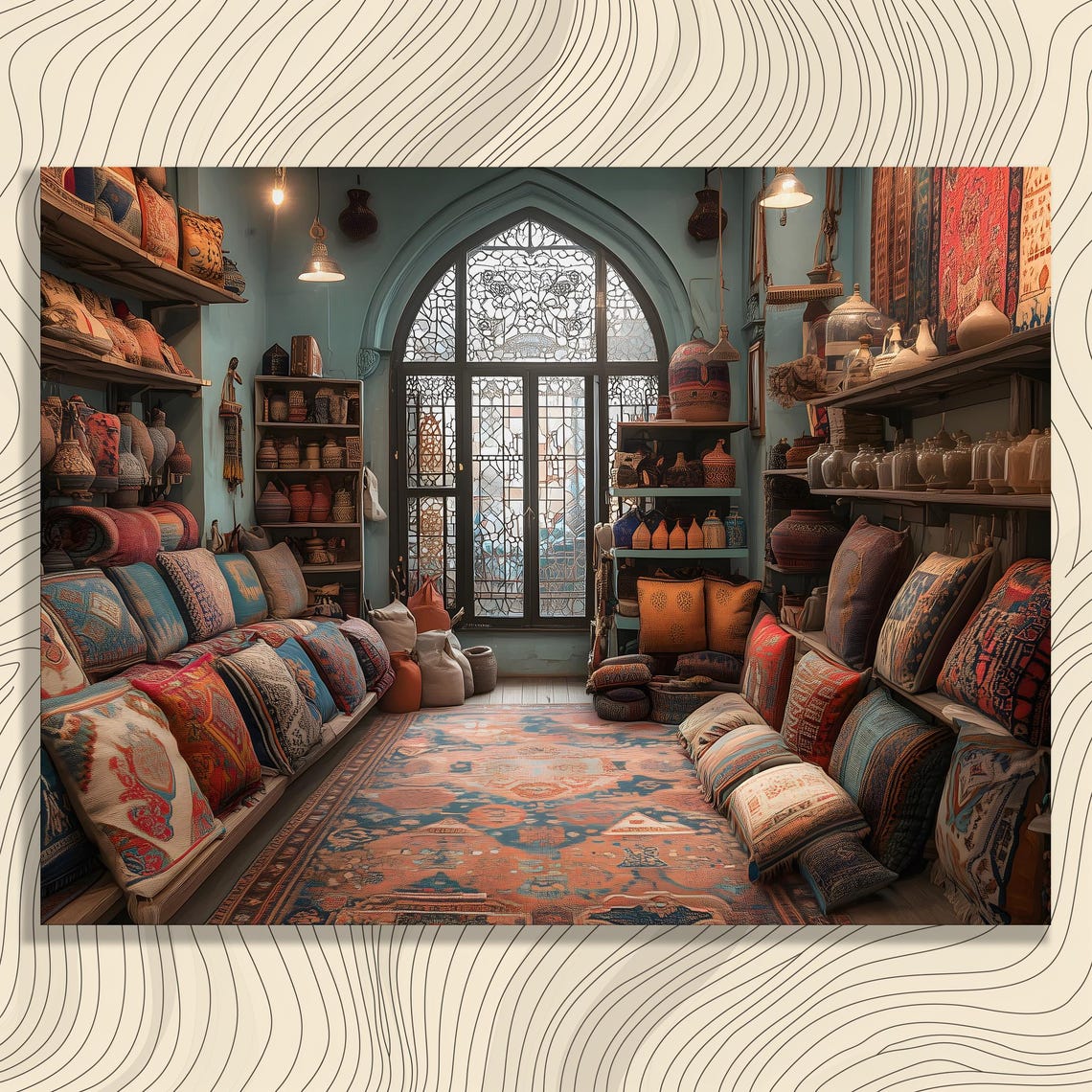 Colorful Oriental Bazaar Shop Rugs Pottery Interior Art Poster