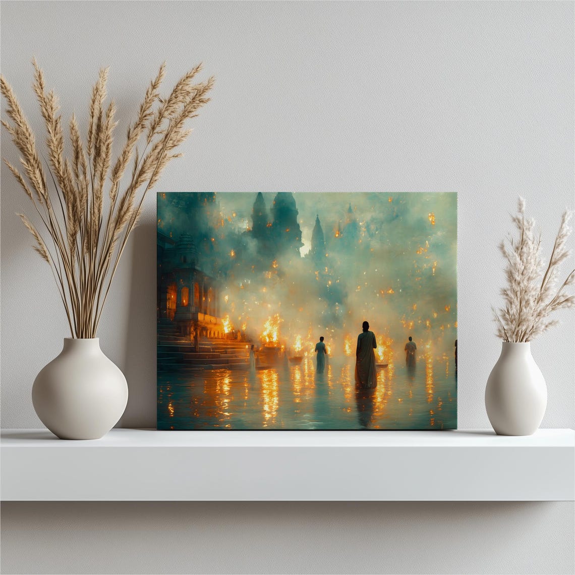 Ganges River Aarti Ceremony Dusk Impressionist India Wall Art