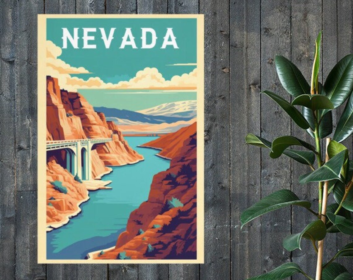 Nevada Canyon River Arch Bridge Red Rock Vintage Travel Poster - Image 2