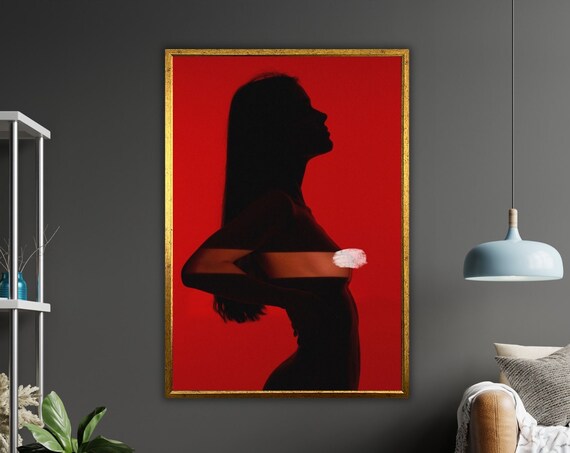 Woman Silhouette On Red Background Dramatic Modern Sensual Figure Art Poster