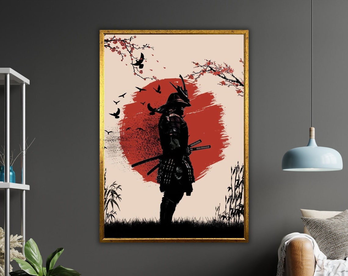 Samurai Silhouette Red Sun Cherry Blossom Japanese Warrior Poster