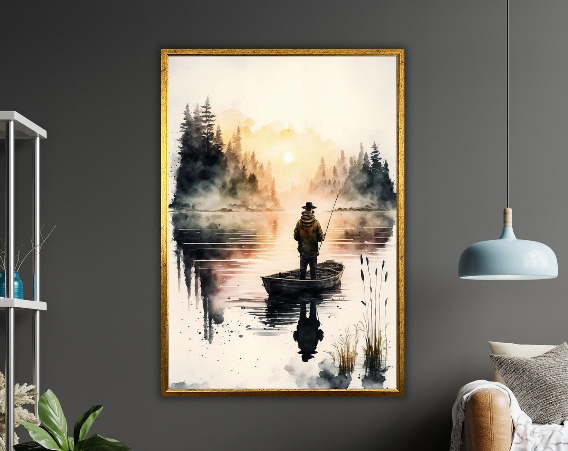 Fisherman On The Lake Art Print Ready To Hang Framed Wall Decor Nature Scene Lake House Decor