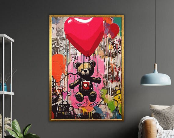 Graffiti Teddy Bear Red Heart Balloon Colorful Street Art Poster