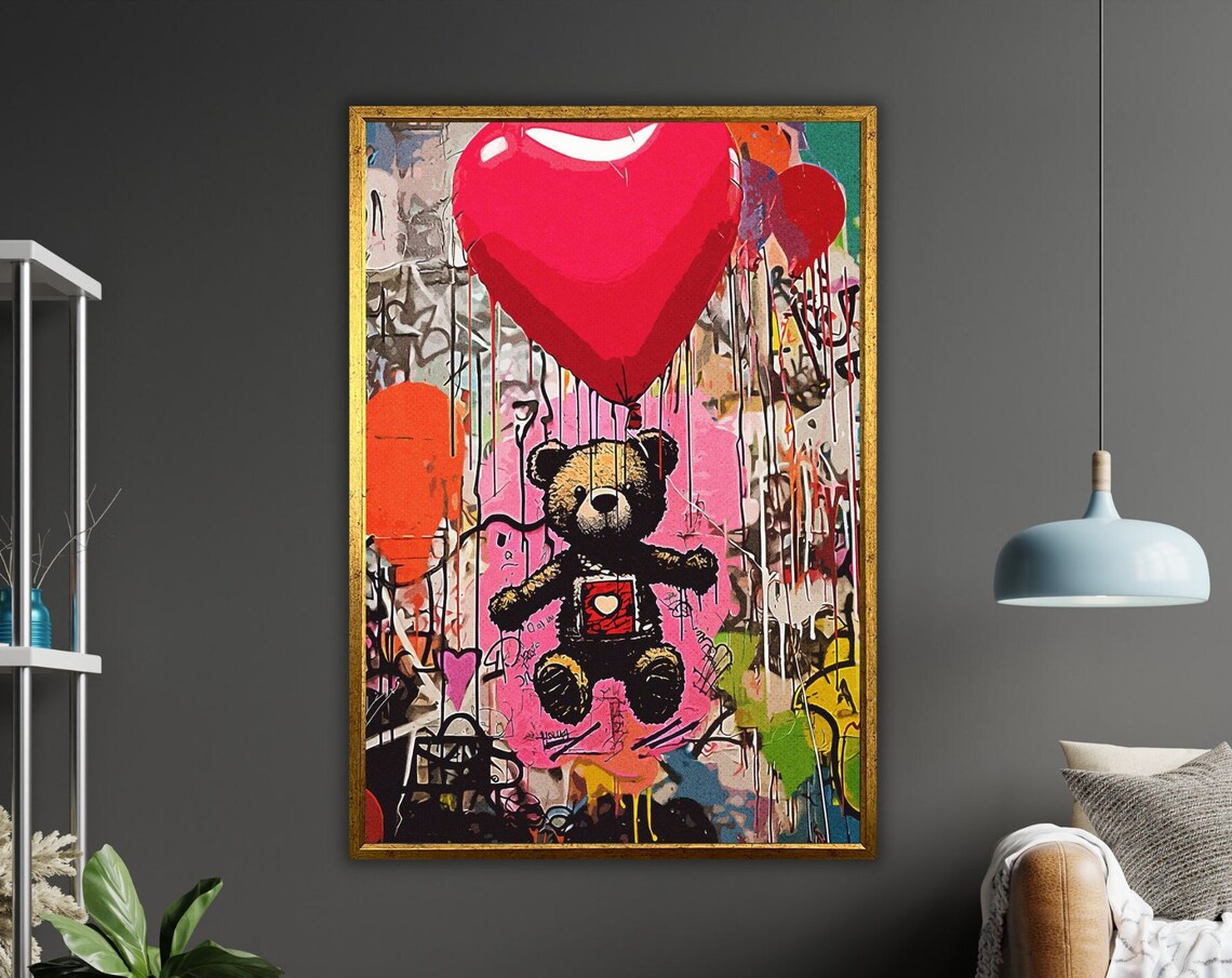 Graffiti Teddy Bear Red Heart Balloon Colorful Street Art Poster