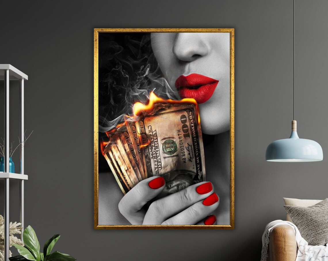 Woman Red Lips Burning Dollar Bills Smoke Pop Art Money Poster