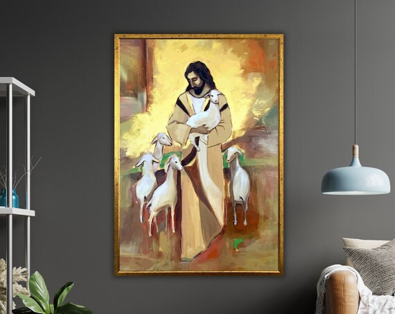 Jesus Good Shepherd White Lamb Sheep Golden Warm Art Print Poster