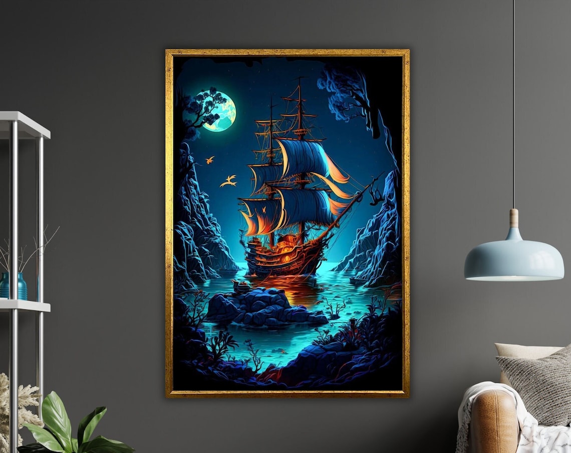 Tall Ship Moonlit Cove Neon Blue Night Voyage Rocky Harbor Poster