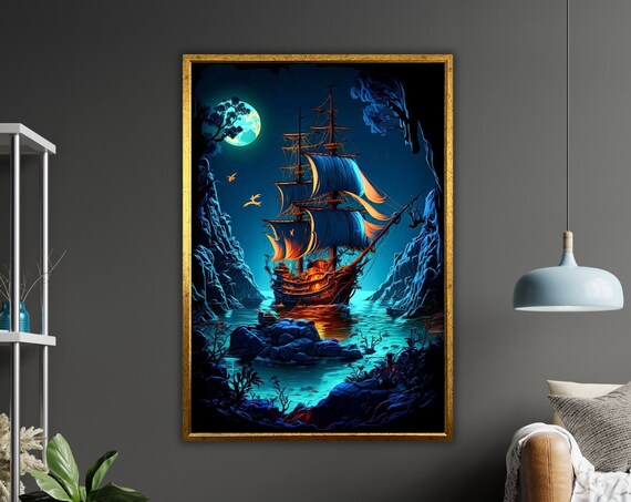 Ship In Sea Art Nautical Wall Decor Ready To Hang Coastal Painting Framed Ocean Print