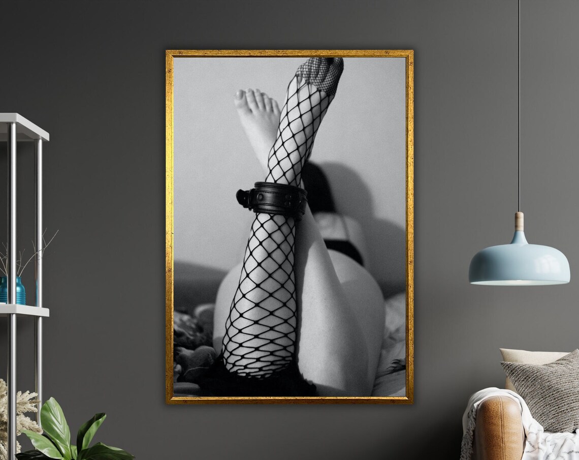 Woman Fishnet Stockings Leather Cuff Moody Black White Art Poster