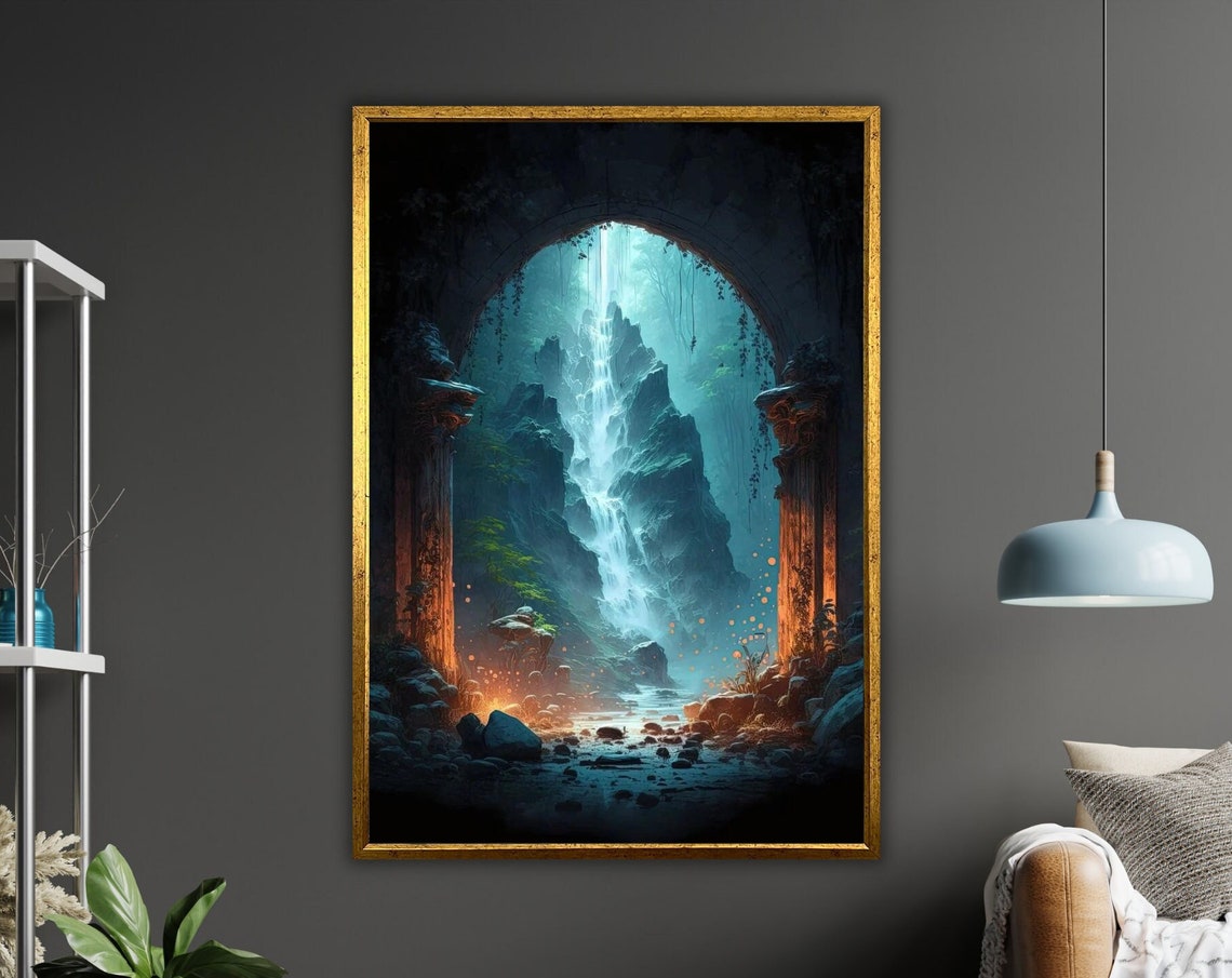 Ancient Stone Archway Waterfall Canyon Hidden Valley Fantasy Poster