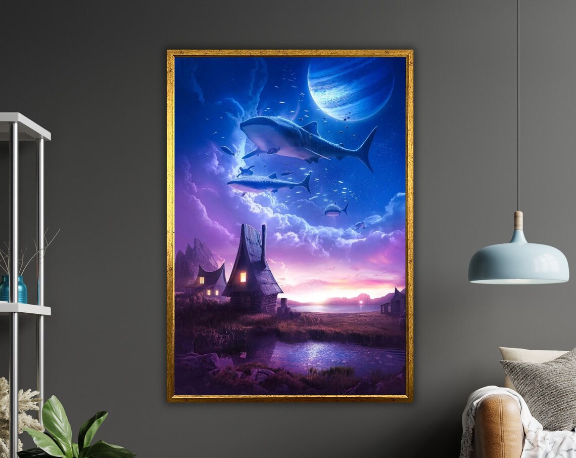 Flying Sharks Moonlit Village Giant Planet Dreamlike Fantasy Sky Poster