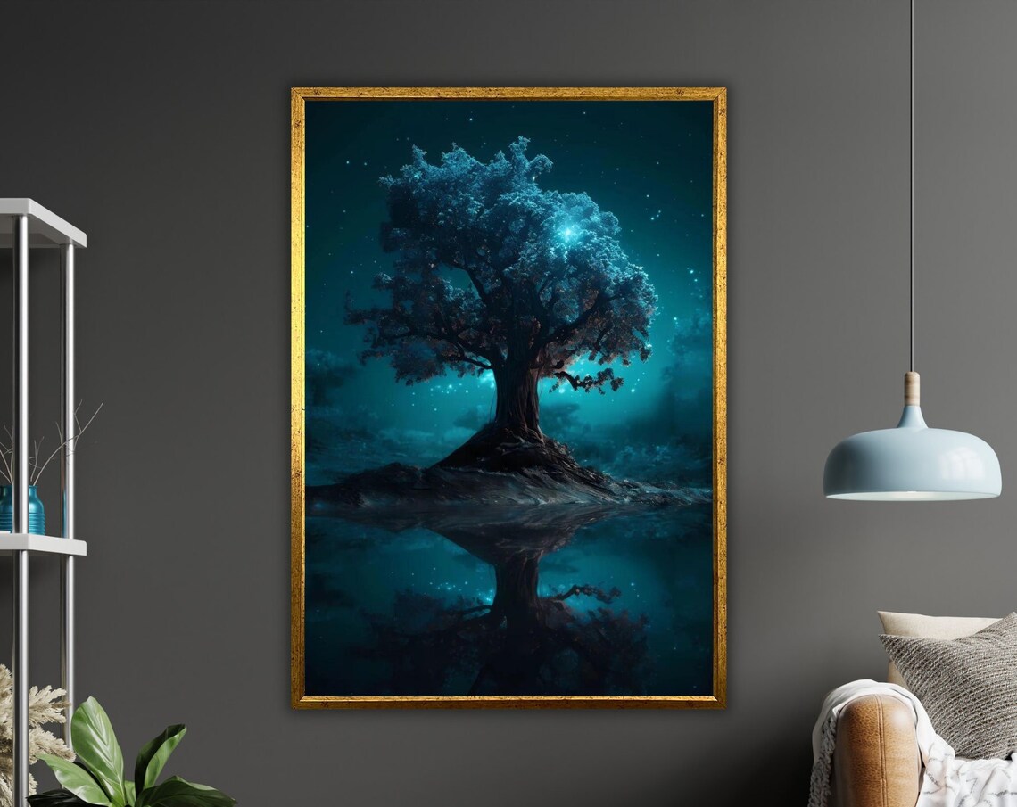 Blue Tree Art Large Wall Decor Ready To Hang Framed Print Nature Inspired