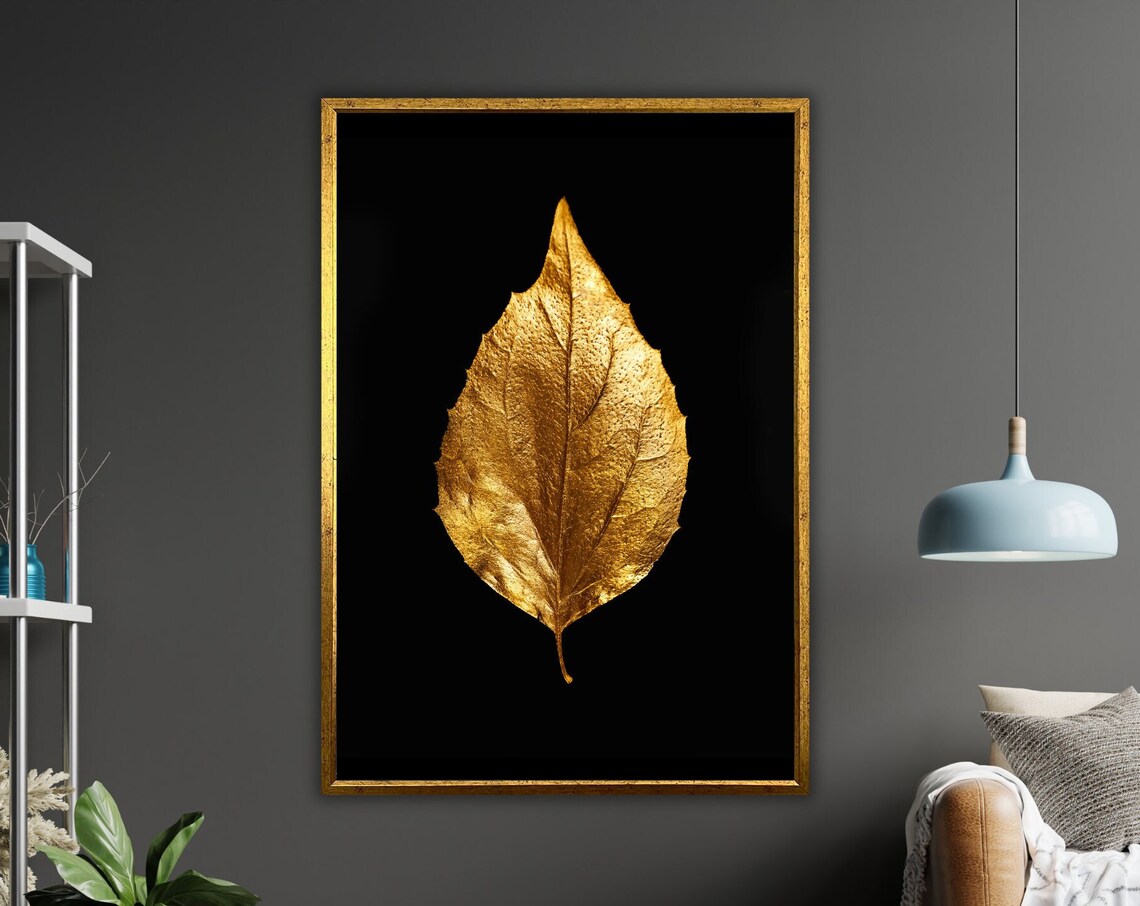 Golden Leaf on Black Background Luxury Metallic Texture Poster