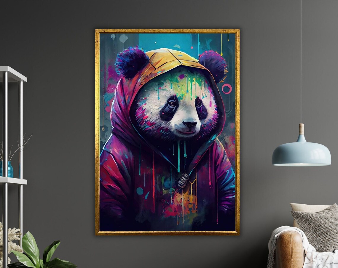 Hoodie Panda Graffiti Neon Paint Drips Hip Hop Animal Art Poster