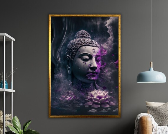 Dark Buddha Stone Head Purple Smoke Lotus Flowers Zen Art Poster