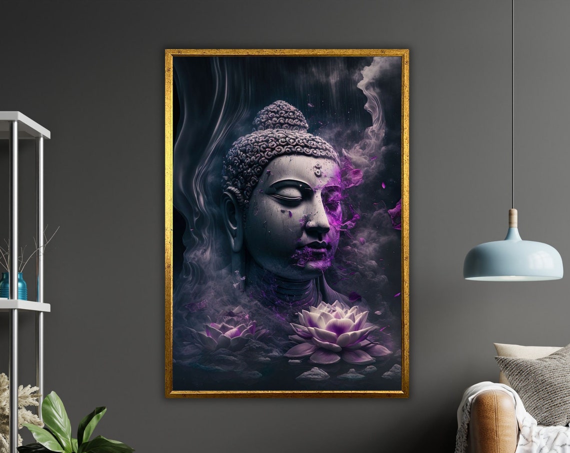 Dark Buddha Stone Head Purple Smoke Lotus Flowers Zen Art Poster