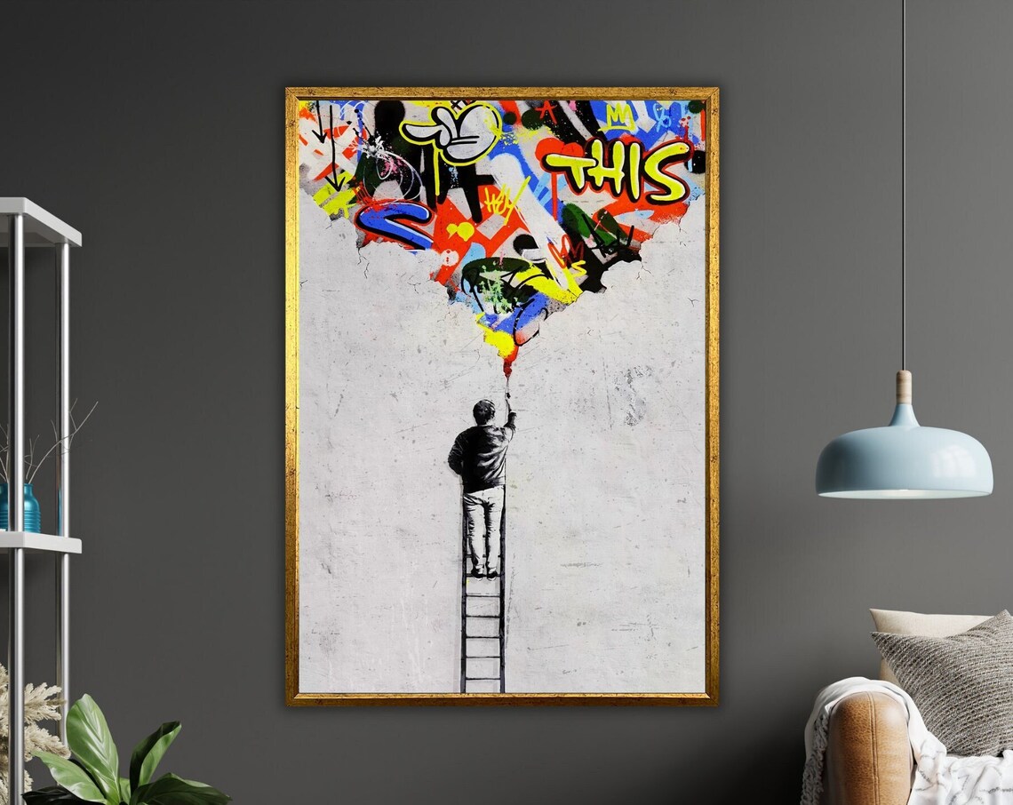 Man on Ladder Painting Graffiti Sky Banksy Style Urban Poster