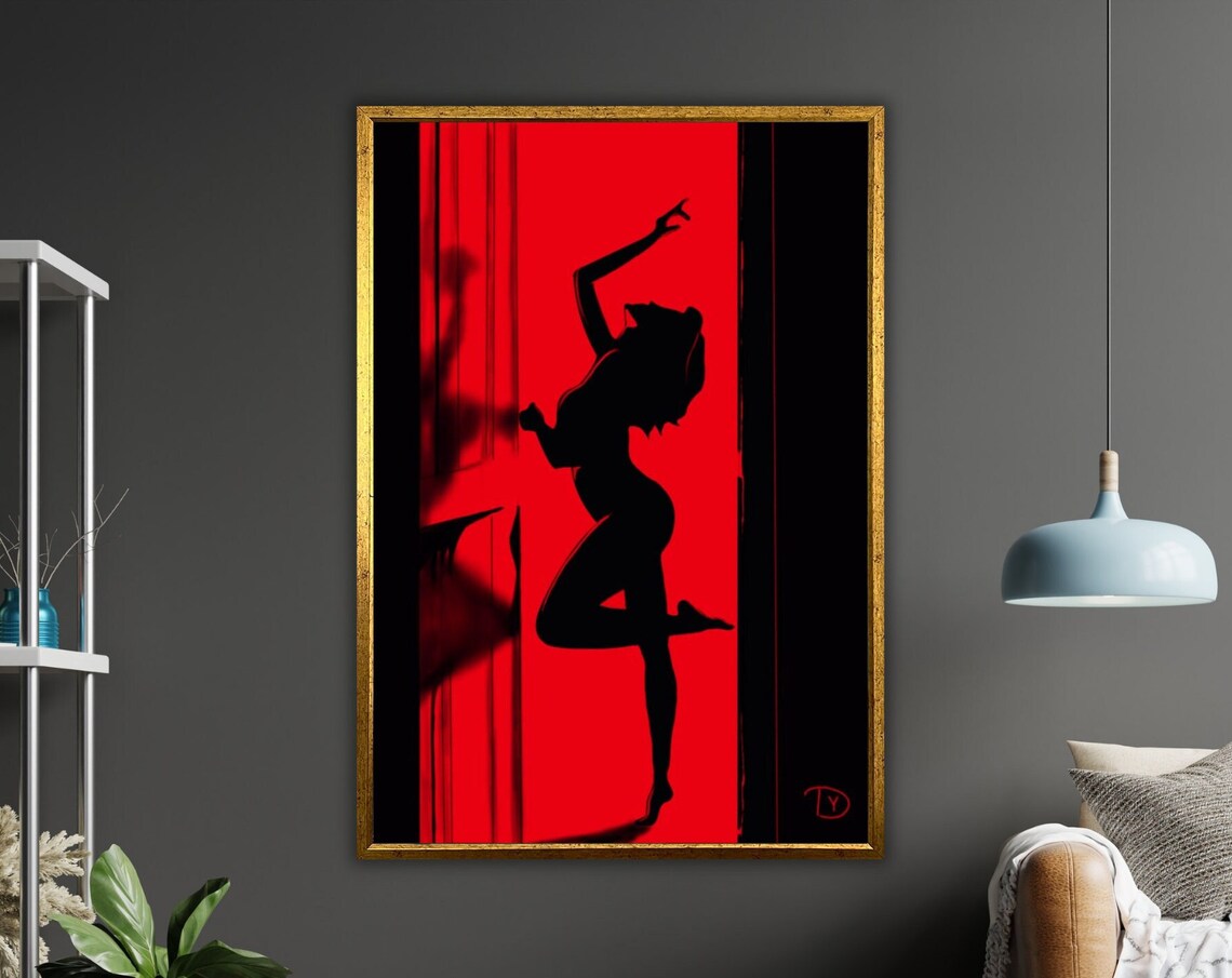 Dancing Woman Silhouette Vivid Red Doorway Bold Black Red Art Poster