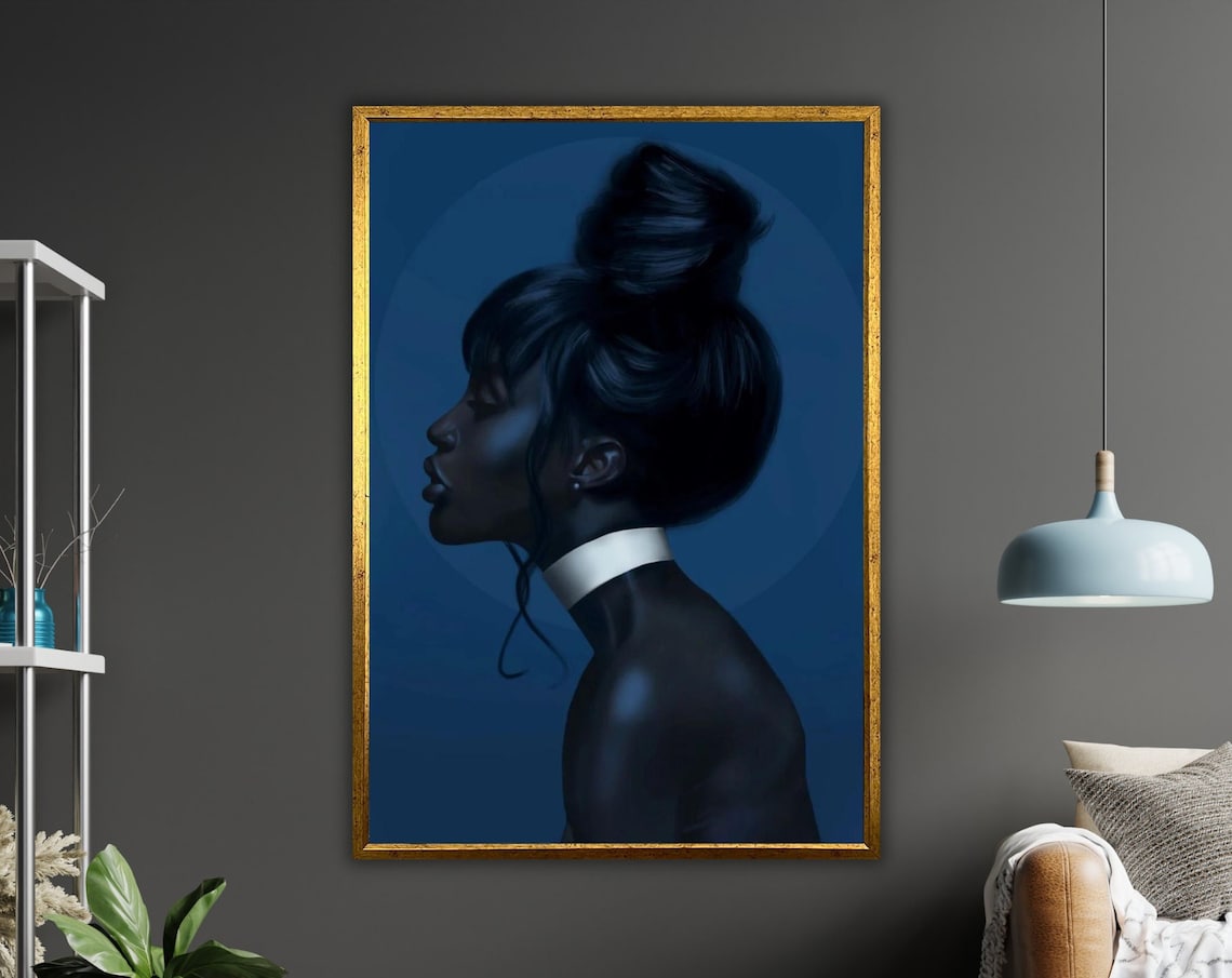 Black Woman Blue Portrait Topknot Bun White Collar Moody Art Poster