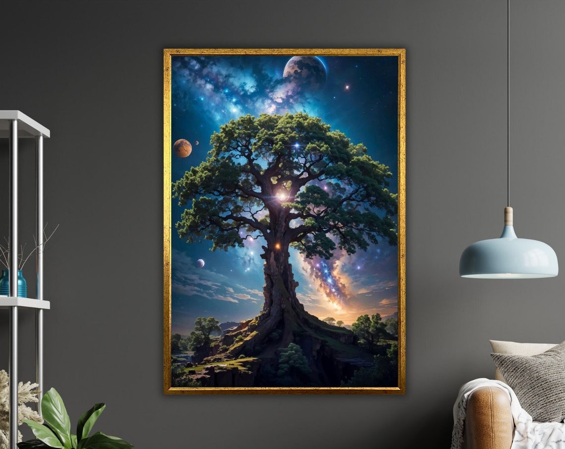 Ancient World Tree Galaxy Planets Milky Way Night Fantasy Poster