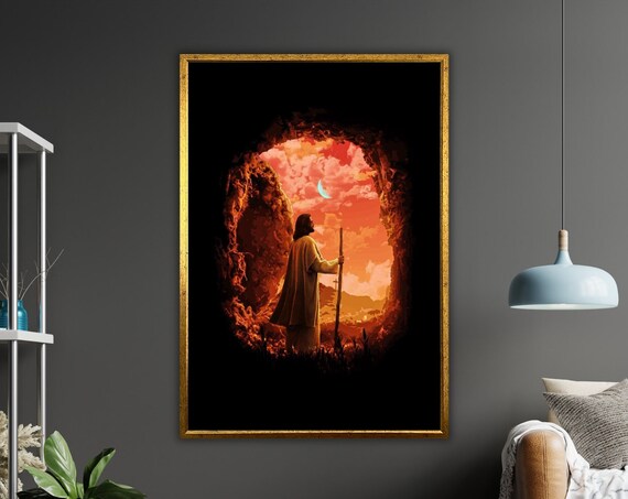 Jesus Cave Tomb Sunrise Silhouette Resurrection Staff Art Poster