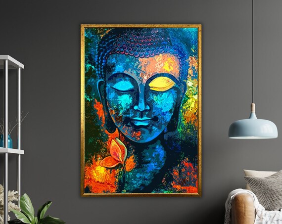 Abstract Buddha Face Blue Orange Impasto Expressionist Zen Art Poster