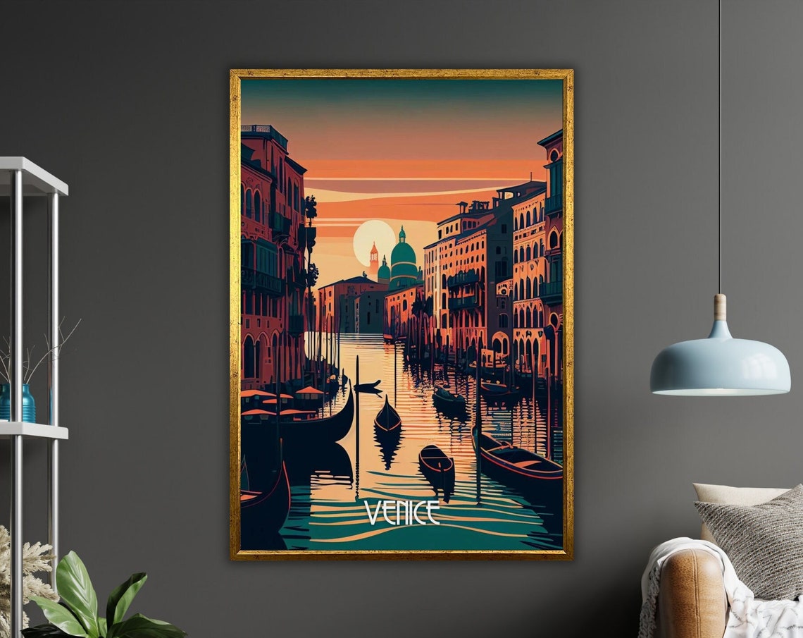 Venice Italy Grand Canal Gondolas Sunset Vintage Travel Poster