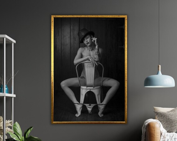 Tattooed Woman Top Hat Chair Black White Portrait Nude Art Poster