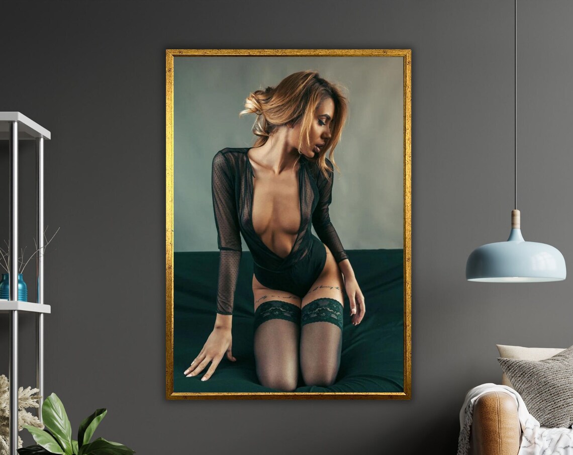 Elegant Woman Black Bodysuit Lace Stockings Studio Nude Art Poster