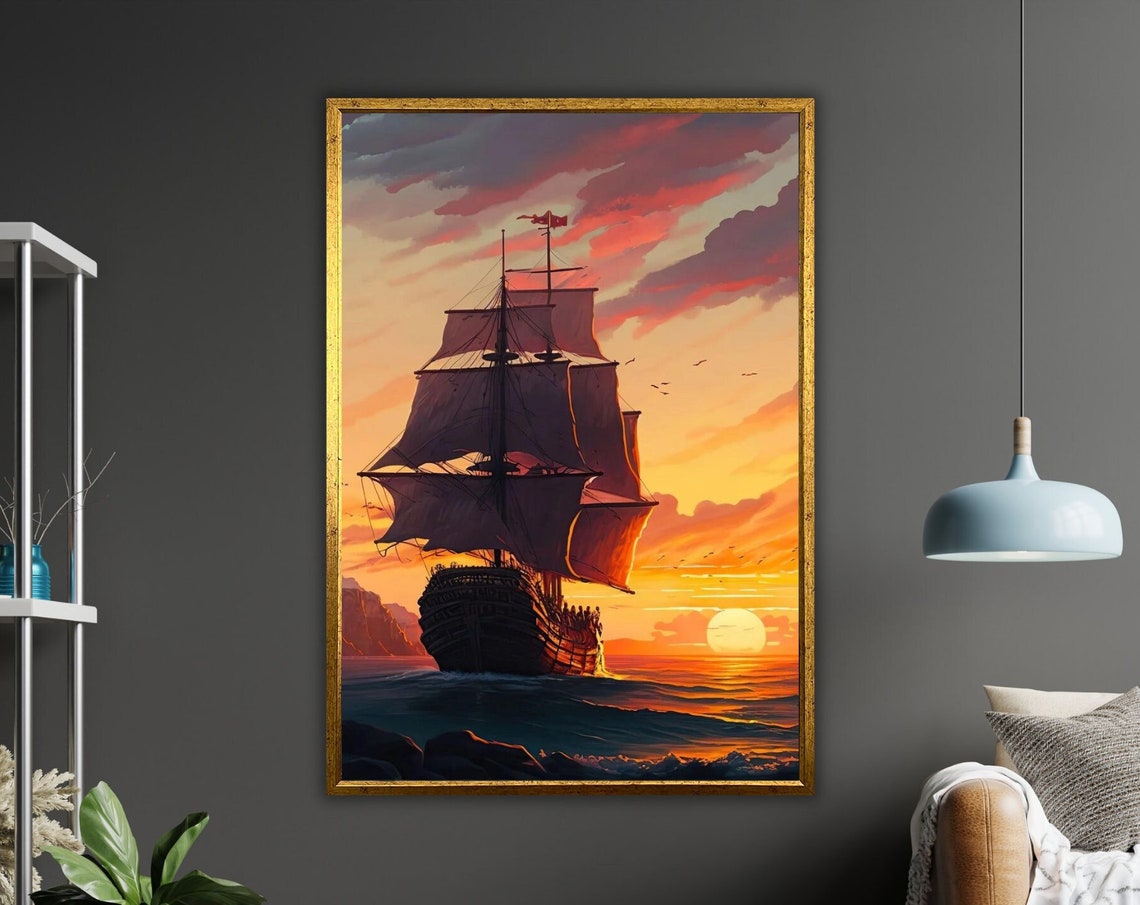 Tall Ship Golden Sunset Ocean Voyage Dramatic Seascape Nautical Poster