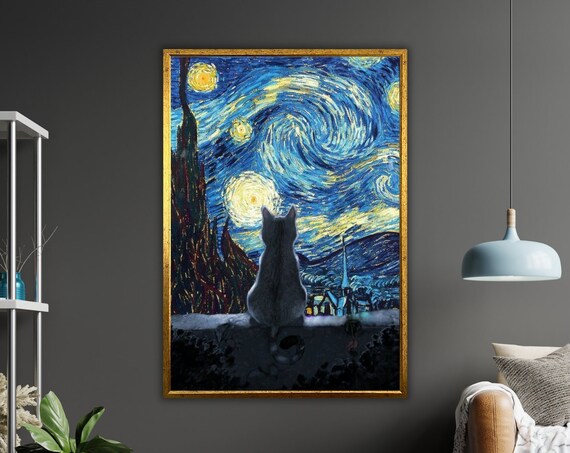 Van Gogh Starry Night Black Cat Silhouette Classic Art Cat Lover Poster