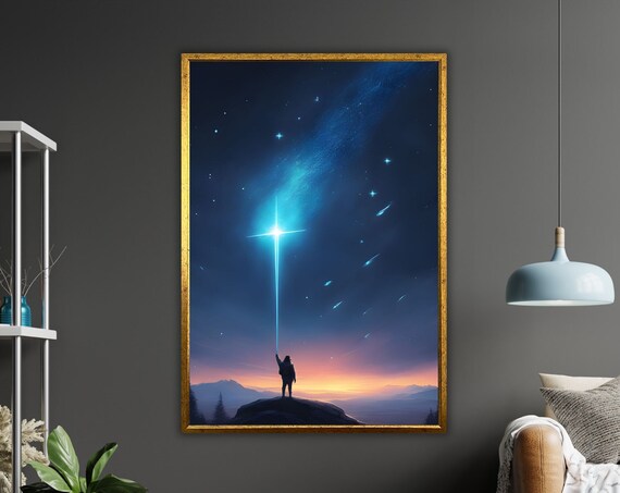 Starry Night Cross Beacon Mountain Figure Celestial Fantasy Art Poster