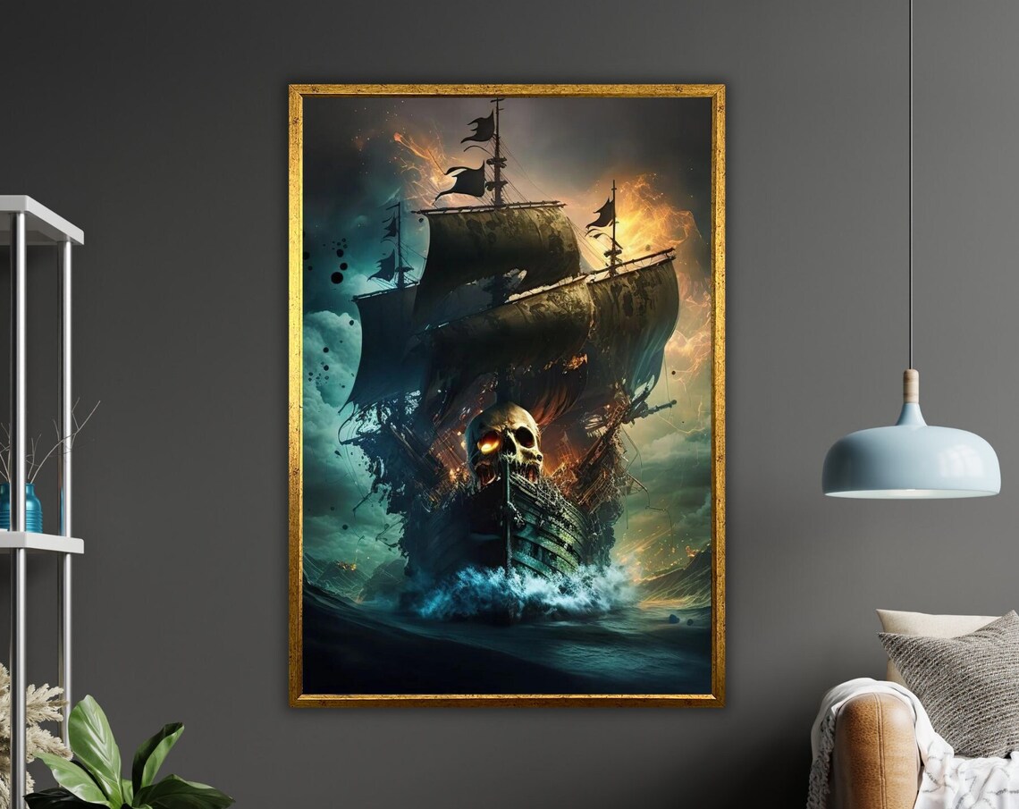 Pirate Ship Print Nautical Wall Art Ready To Hang Framed Ocean Decor