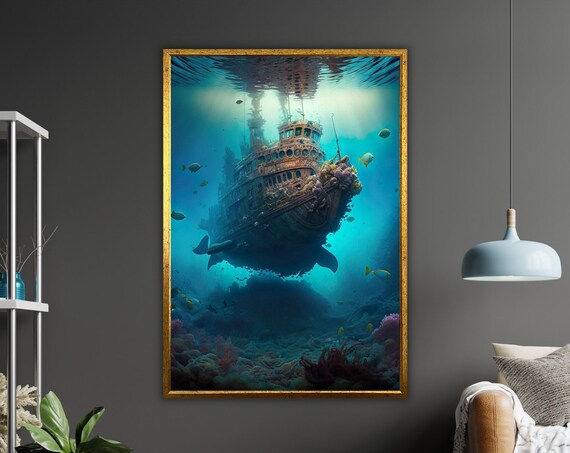Sinking Ship Art Print Ready To Hang Framed Ocean Wall Decor Nautical Art Maritime Gift