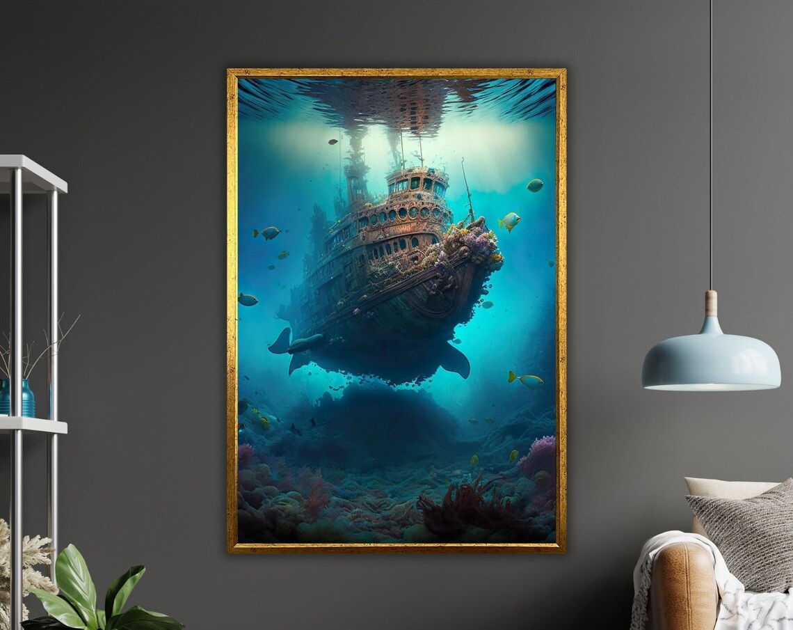 Sinking Ship Art Print Ready To Hang Framed Ocean Wall Decor Nautical Art Maritime Gift