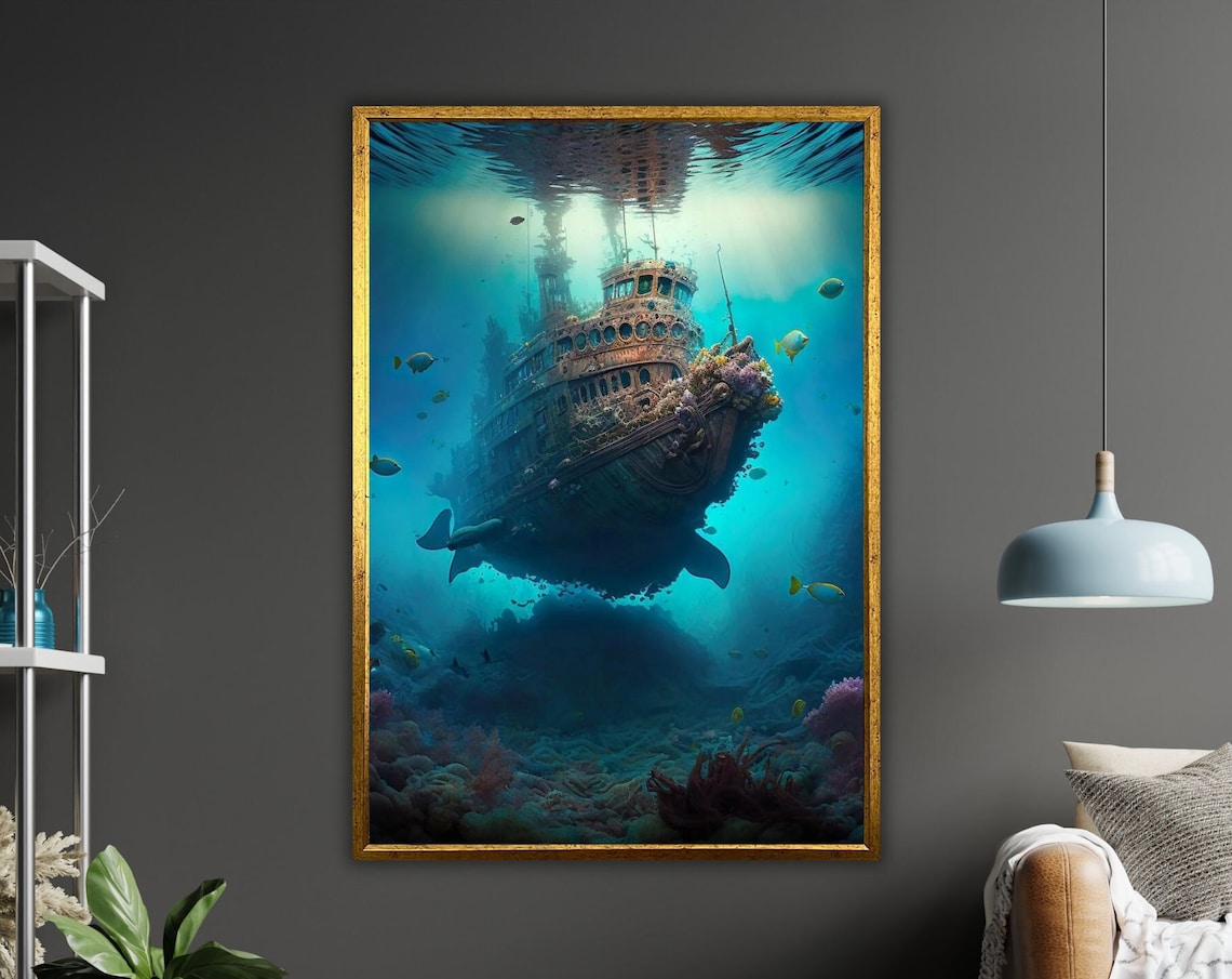 Sunken Shipwreck Coral Reef Underwater Deep Sea Diving Ocean Poster