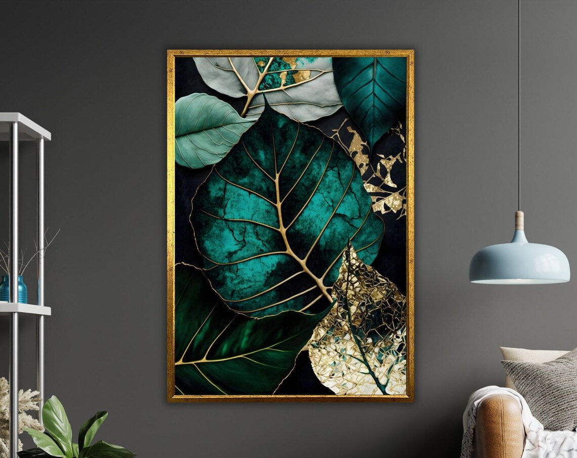 Emerald Green Gold Tropical Leaves On Black Luxe Botanical Wall Poster
