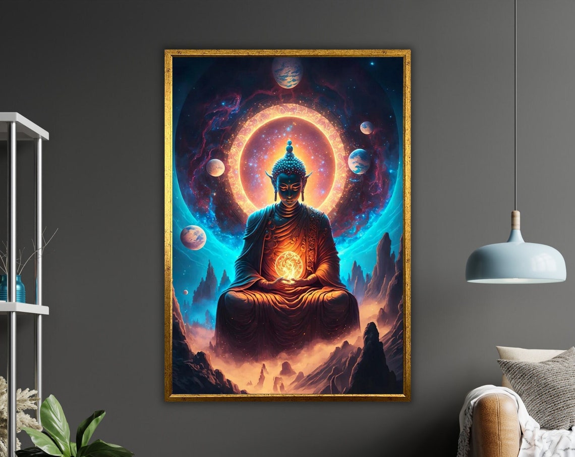 Cosmic Buddha Planets Galaxy Glowing Halo Light Orb Zen Art Poster