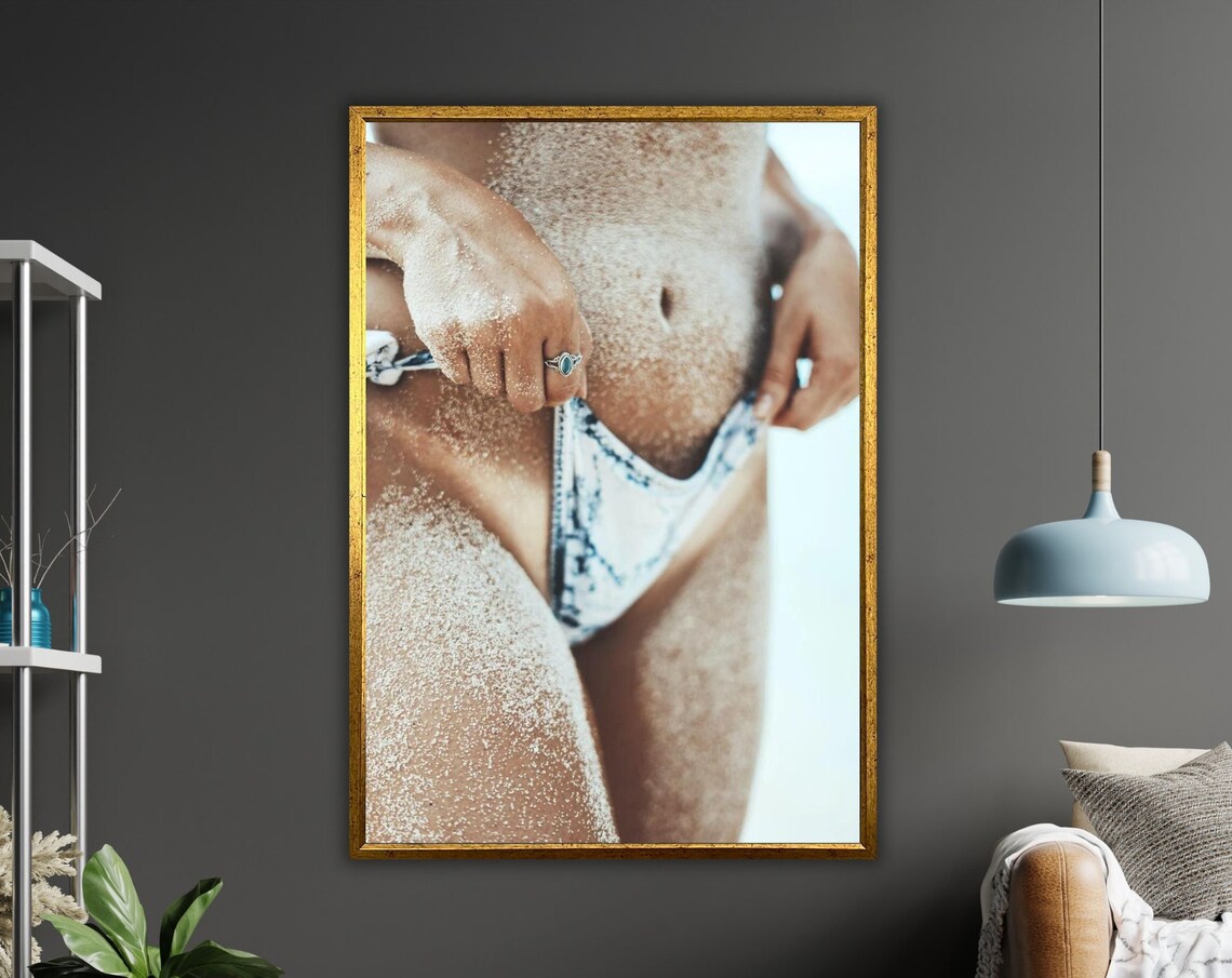 Sensual Woman Sand Covered Bikini Body Beach Close Up Art Poster