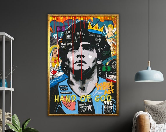 Maradona Graffiti Art Print Ready To Hang Framed Soccer Wall Decor Sports Fan Gift