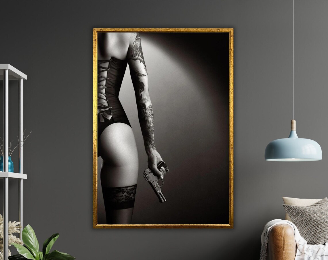 Tattooed Woman Corset Pistol Monochrome Noir Nude Art Print Poster