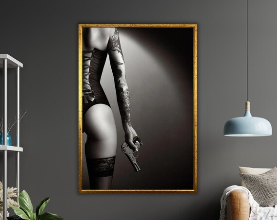 Tattooed Woman Corset Pistol Monochrome Noir Nude Art Print Poster