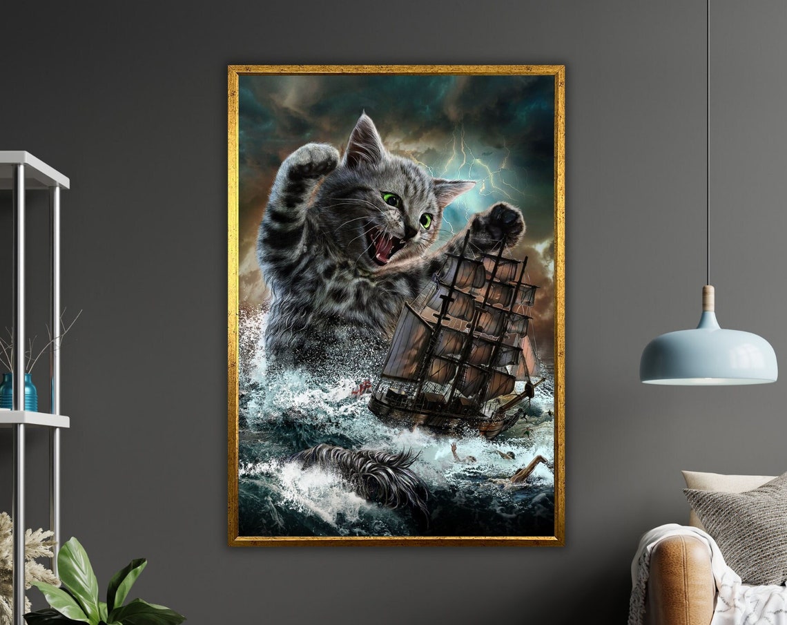 Giant Kitten Attacking Tall Ship Stormy Sea Funny Whimsical Cat Poster