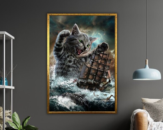 Giant Kitten Attacking Tall Ship Stormy Sea Funny Whimsical Cat Poster