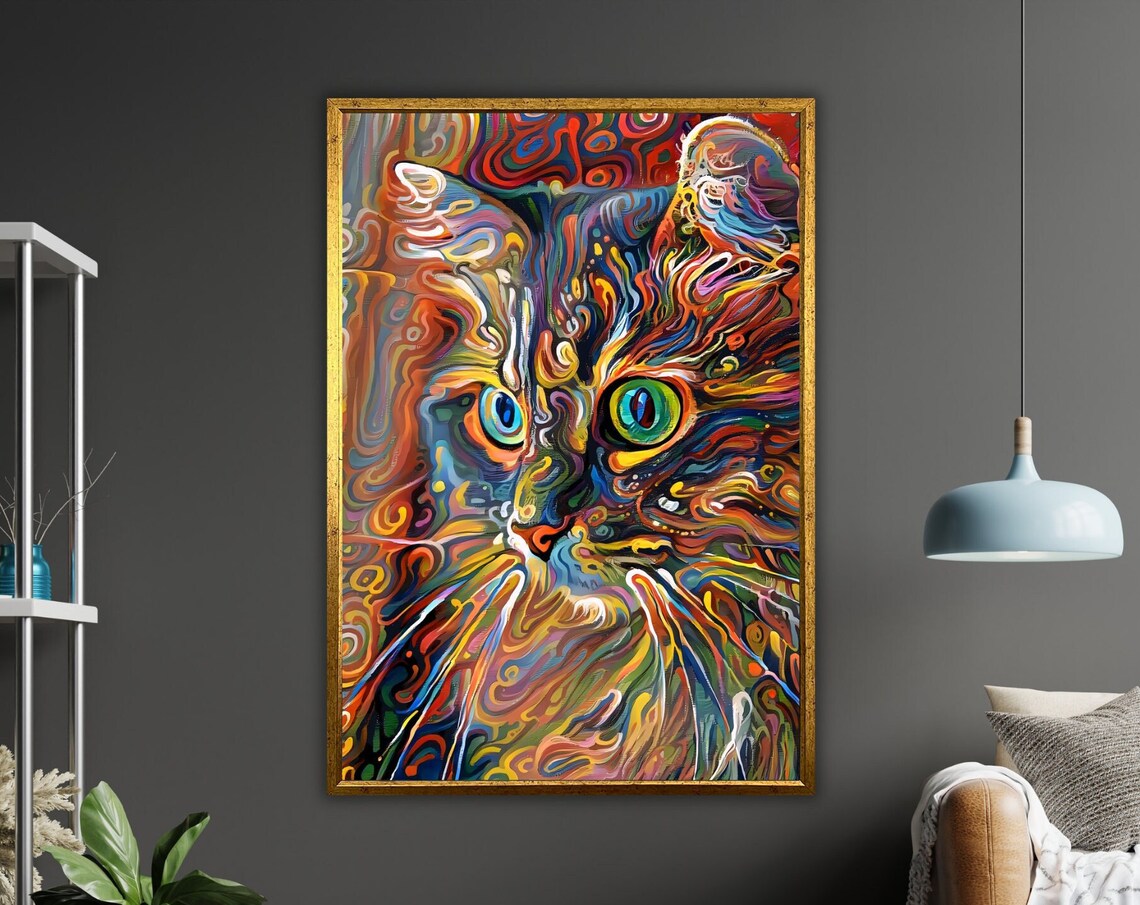 Psychedelic Cat Face Rainbow Swirl Green Eyes Whimsical Feline Poster