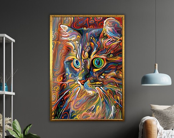 Psychedelic Cat Face Rainbow Swirl Green Eyes Whimsical Feline Poster