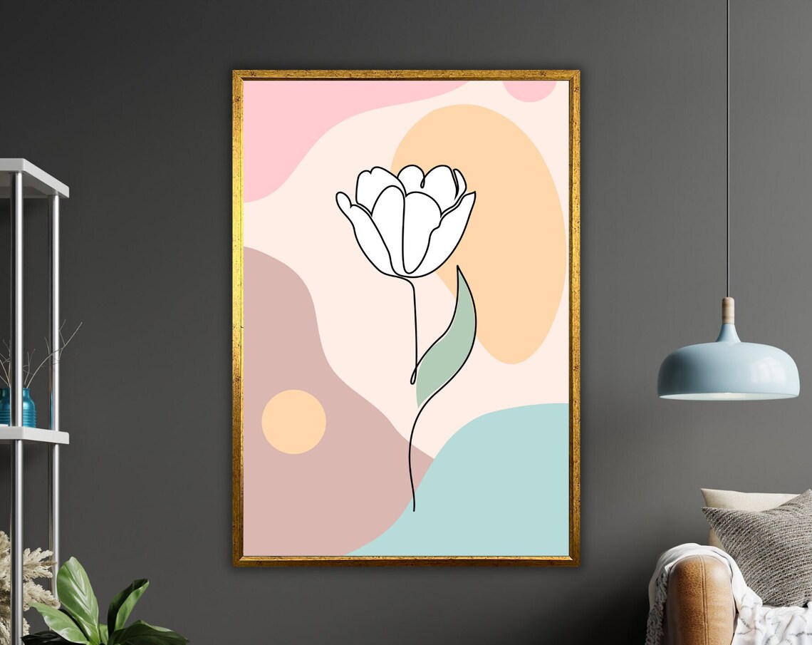 Minimalist Tulip Line Art Pastel Waves Modern Floral Decor Poster