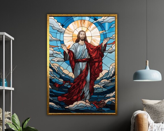Jesus Christ Stained Glass Arms Open Red Robe Religious Art Poster