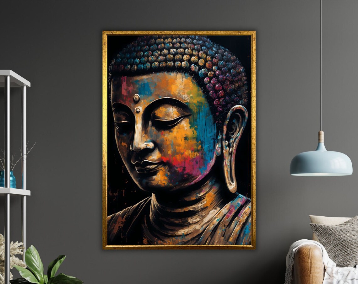 Colorful Buddha Face Abstract Brushstroke Zen Meditation Painting Poster